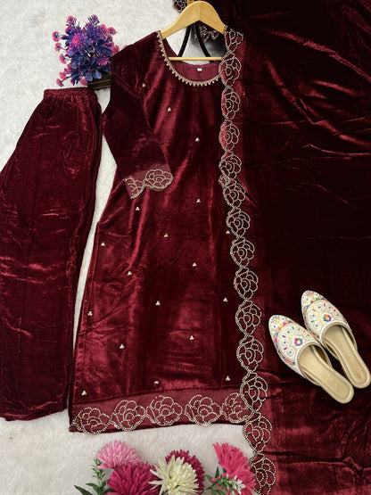 DESIGNER PARTY WEAR LOOK HEAVY PURE VISCOSE VELVET TOP PANT & DUPATTA SET