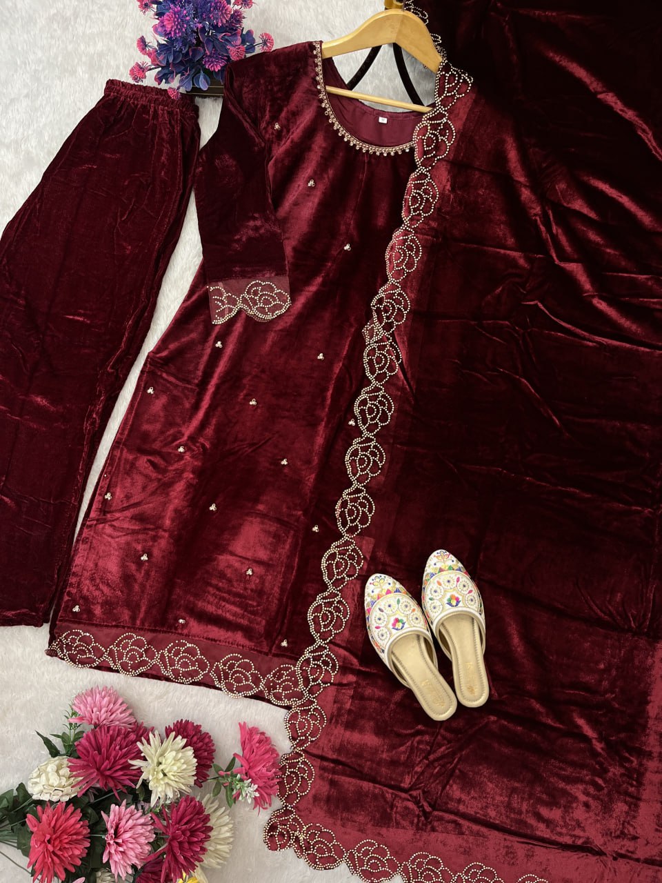 DESIGNER PARTY WEAR LOOK HEAVY PURE VISCOSE VELVET TOP PANT & DUPATTA SET