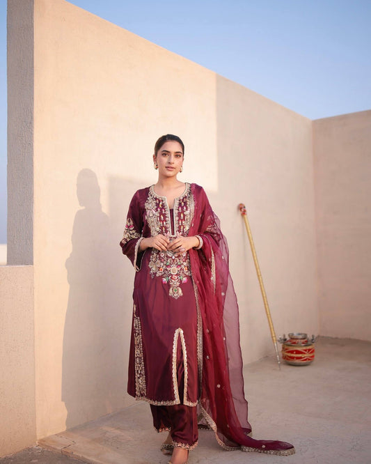Đěsigner Party Wear & Festival Look Pur Natural Satin Silk Fancy Top & Palazzo With Dupatta set