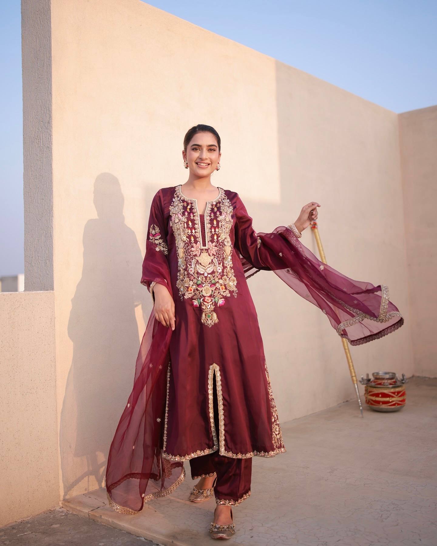 Đěsigner Party Wear & Festival Look Pur Natural Satin Silk Fancy Top & Palazzo With Dupatta set
