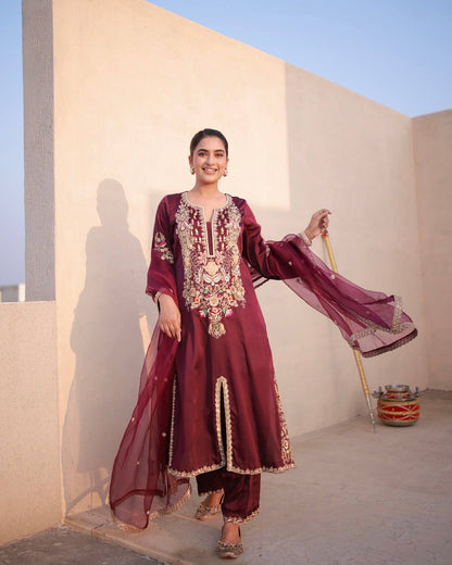 Đěsigner Party Wear & Festival Look Pur Natural Satin Silk Fancy Top & Palazzo With Dupatta set