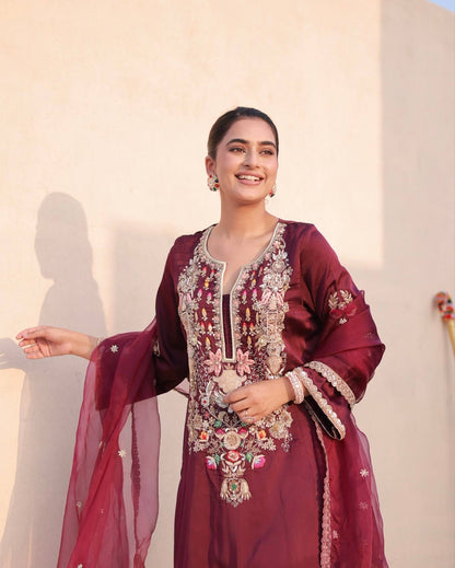 Đěsigner Party Wear & Festival Look Pur Natural Satin Silk Fancy Top & Palazzo With Dupatta set