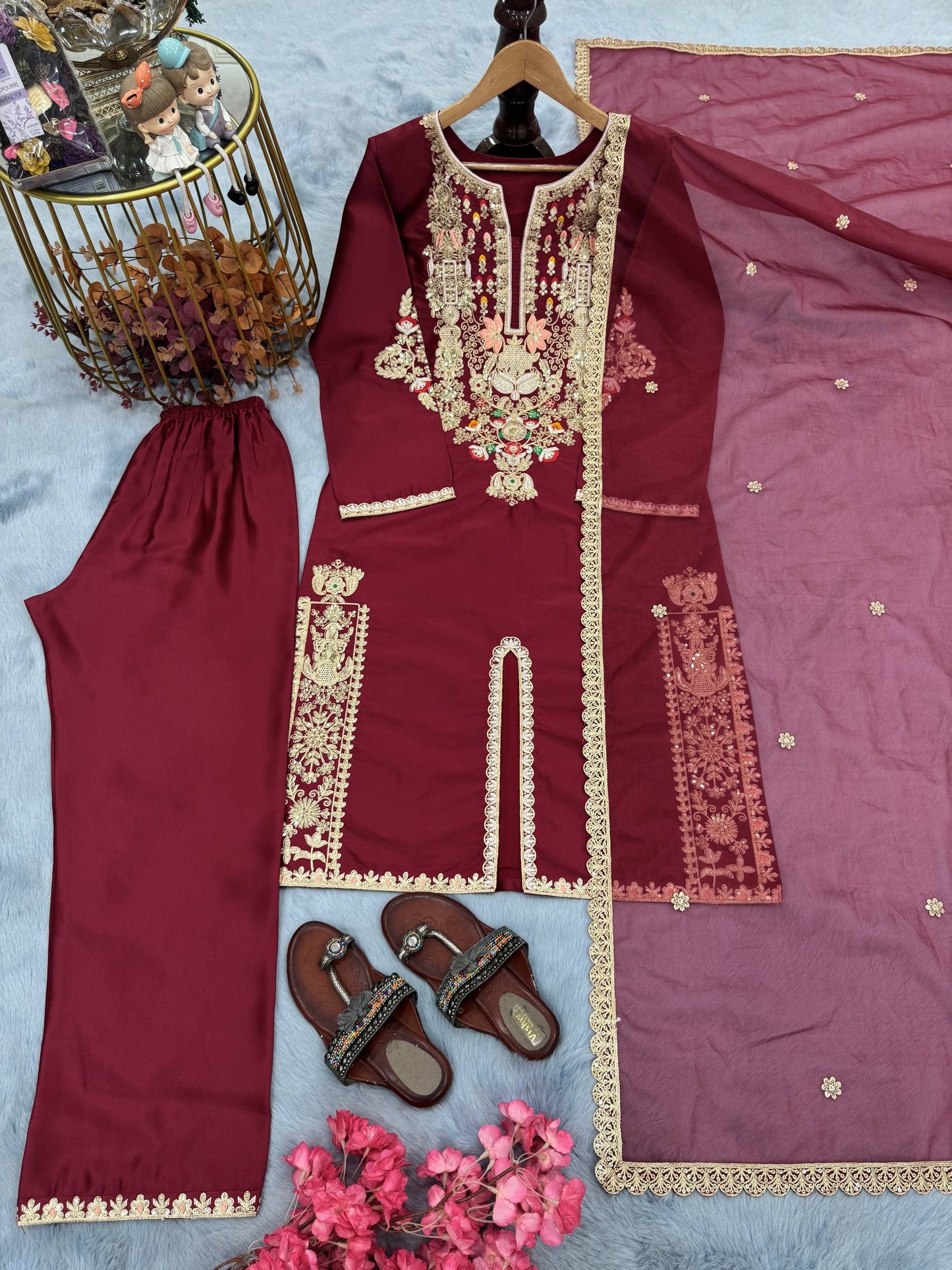 Đěsigner Party Wear & Festival Look Pur Natural Satin Silk Fancy Top & Palazzo With Dupatta set