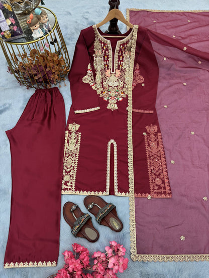Đěsigner Party Wear & Festival Look Pur Natural Satin Silk Fancy Top & Palazzo With Dupatta set