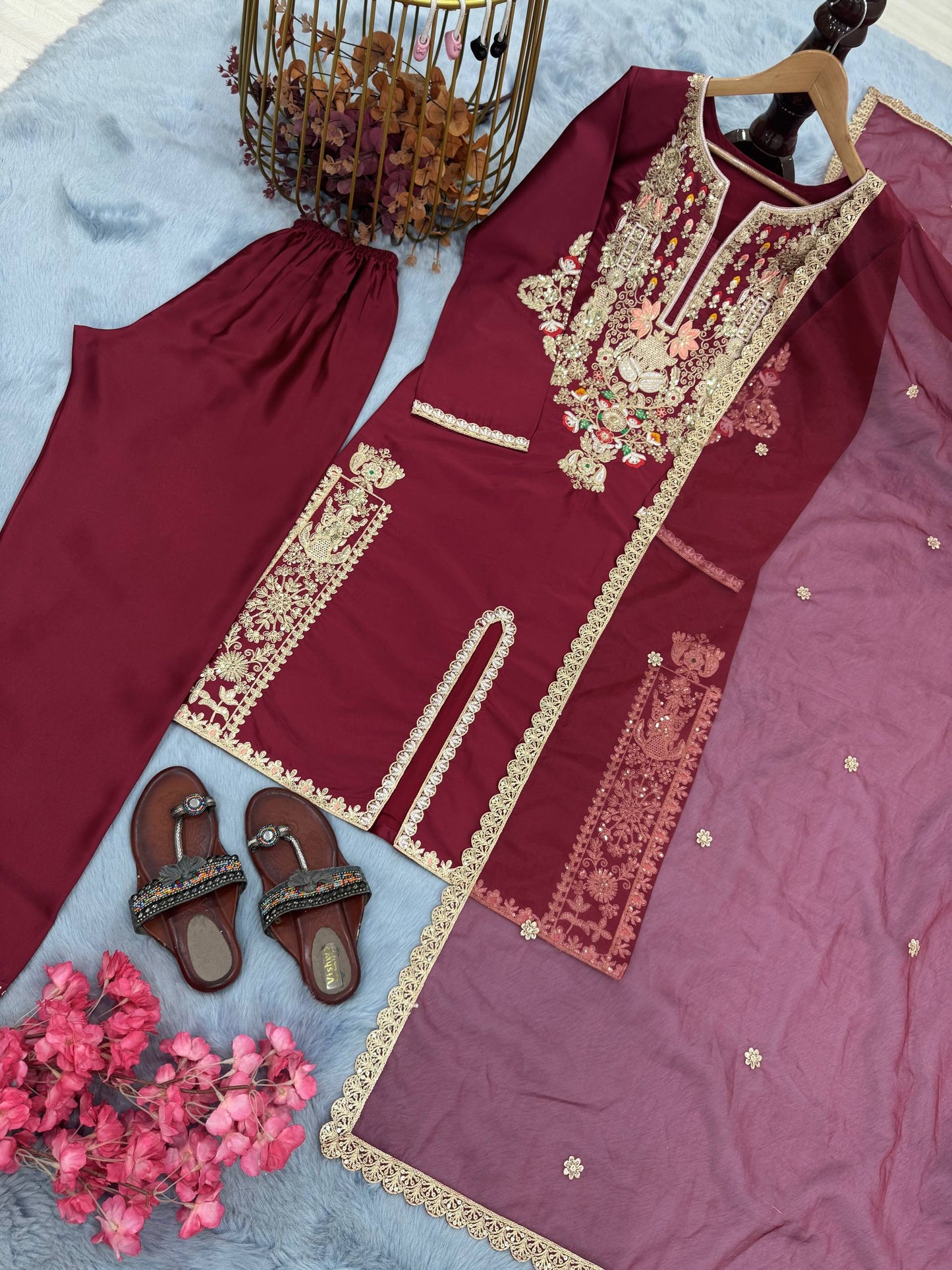 Đěsigner Party Wear & Festival Look Pur Natural Satin Silk Fancy Top & Palazzo With Dupatta set