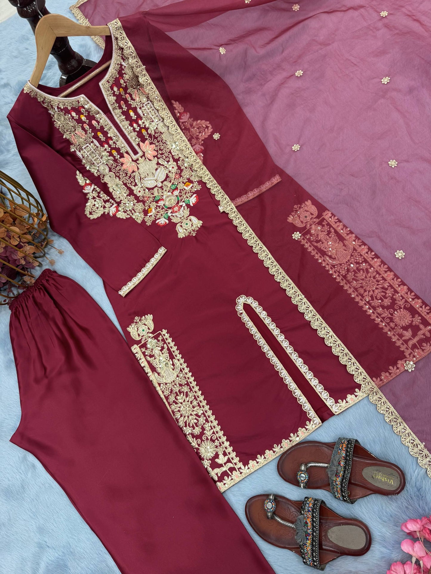 Đěsigner Party Wear & Festival Look Pur Natural Satin Silk Fancy Top & Palazzo With Dupatta set