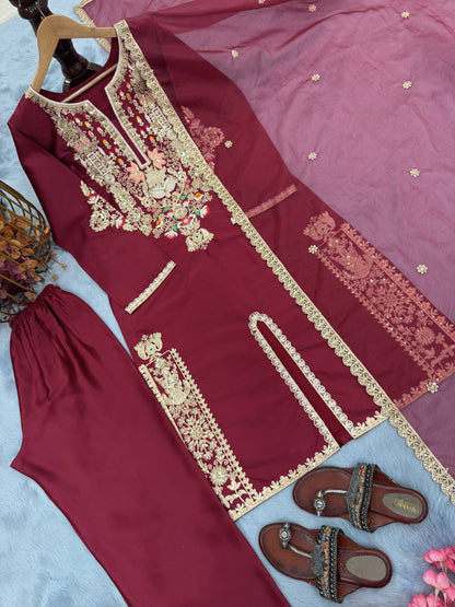 Đěsigner Party Wear & Festival Look Pur Natural Satin Silk Fancy Top & Palazzo With Dupatta set