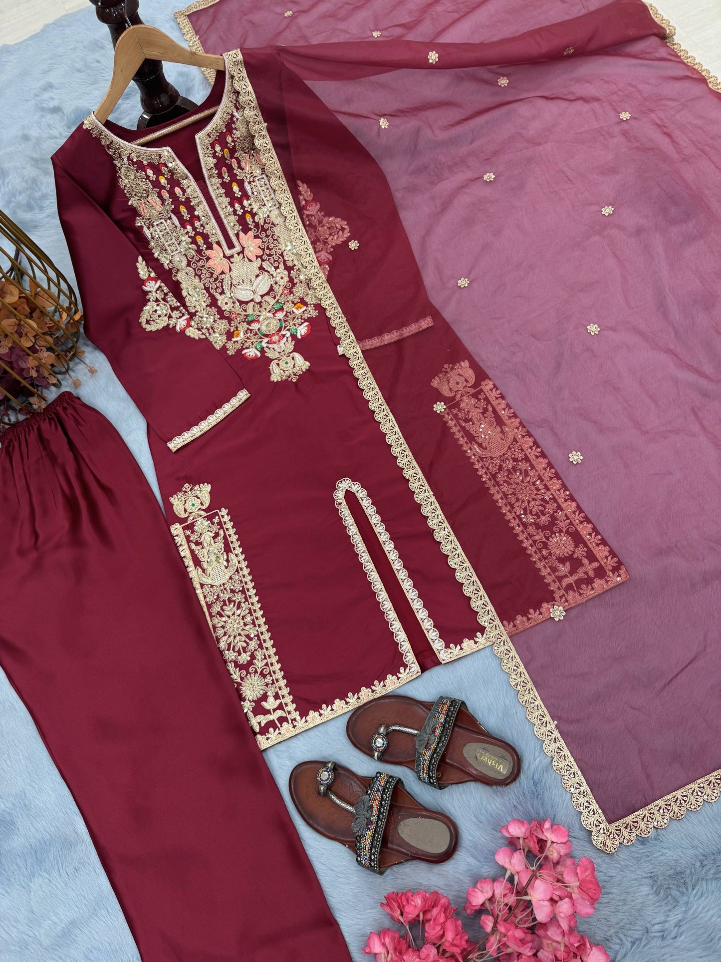 Đěsigner Party Wear & Festival Look Pur Natural Satin Silk Fancy Top & Palazzo With Dupatta set