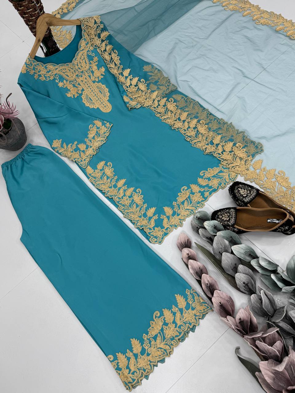 DESIGNER HEAVY NATURAL  SILK EMBROIDERY CHINE STITCHED WORK SALWAR SUIT single available wholesale