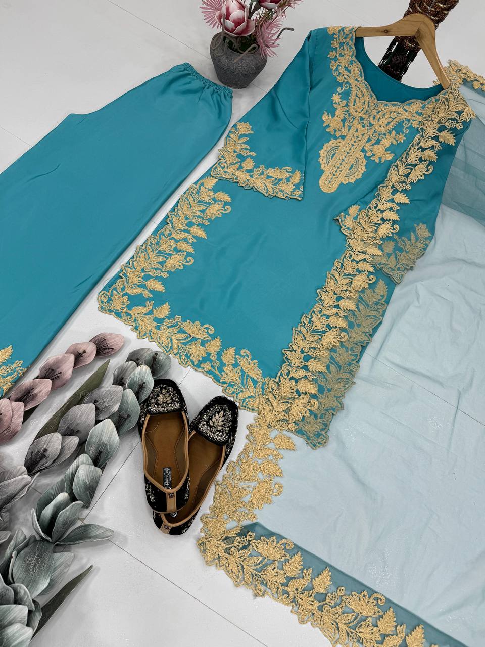 DESIGNER HEAVY NATURAL  SILK EMBROIDERY CHINE STITCHED WORK SALWAR SUIT single available wholesale