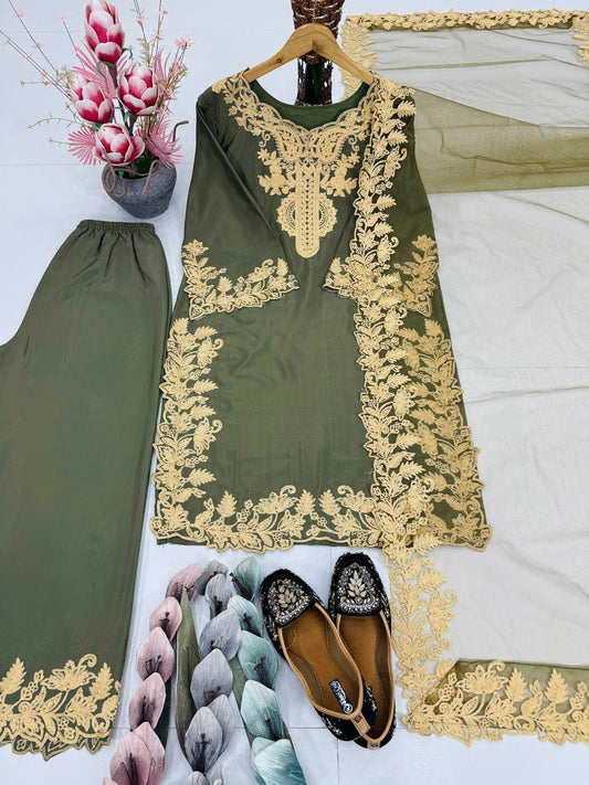DESIGNER HEAVY NATURAL  SILK EMBROIDERY CHINE STITCHED WORK SALWAR SUIT single available wholesale