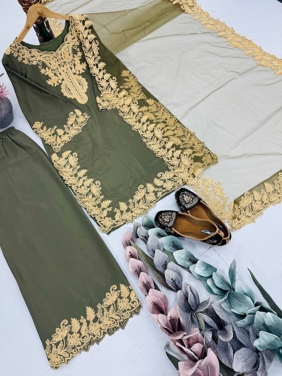 DESIGNER HEAVY NATURAL  SILK EMBROIDERY CHINE STITCHED WORK SALWAR SUIT single available wholesale