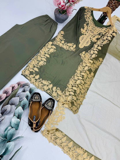 DESIGNER HEAVY NATURAL  SILK EMBROIDERY CHINE STITCHED WORK SALWAR SUIT single available wholesale