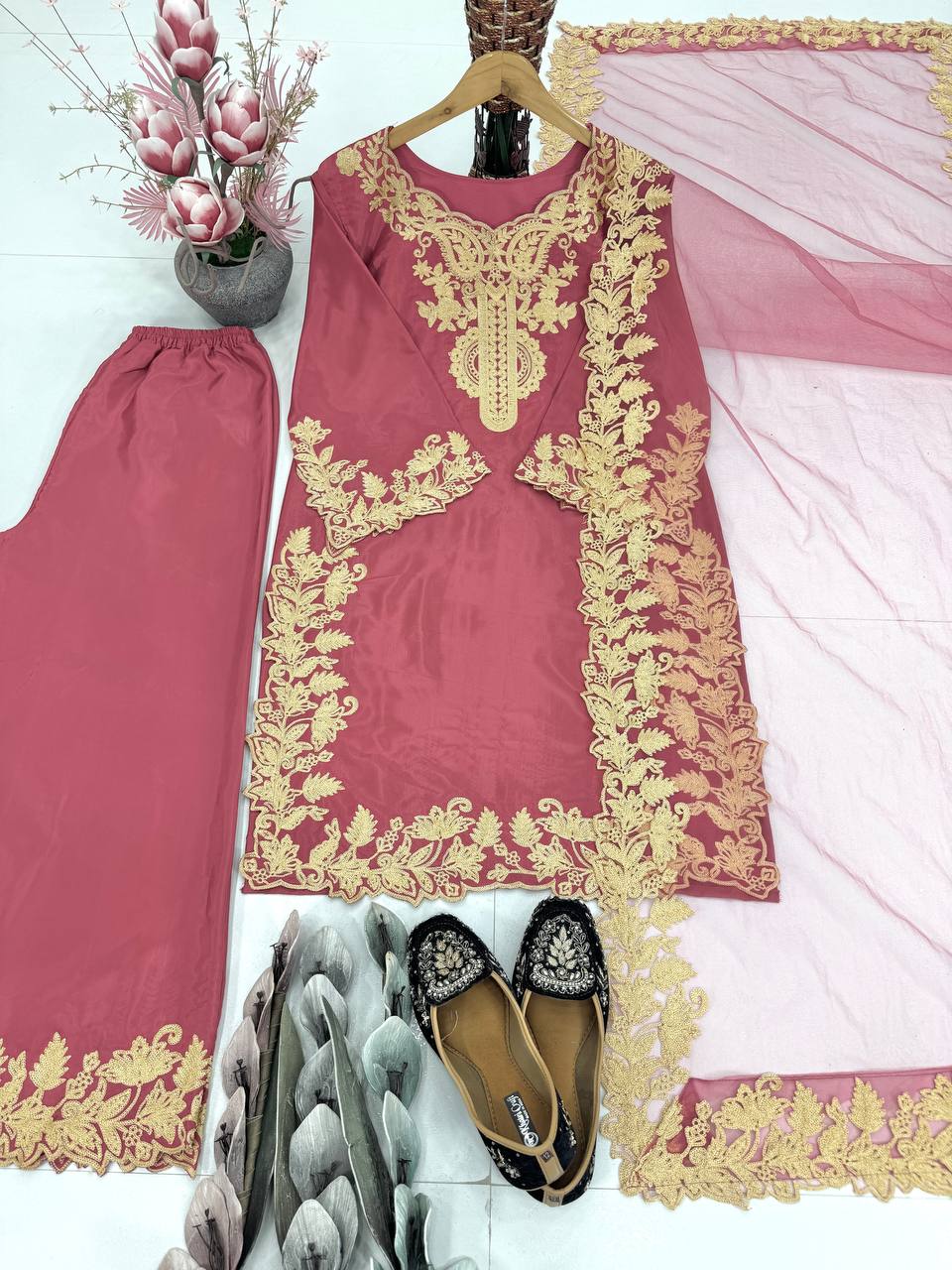 DESIGNER HEAVY NATURAL  SILK EMBROIDERY CHINE STITCHED WORK SALWAR SUIT single available wholesale