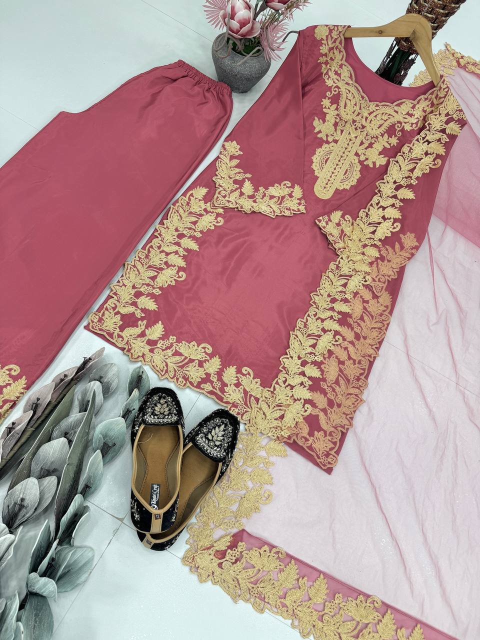 DESIGNER HEAVY NATURAL  SILK EMBROIDERY CHINE STITCHED WORK SALWAR SUIT single available wholesale
