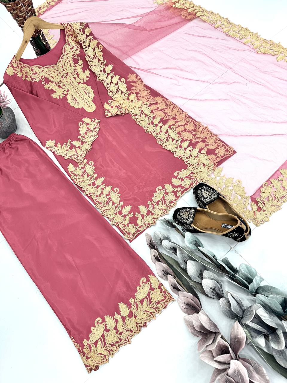 DESIGNER HEAVY NATURAL  SILK EMBROIDERY CHINE STITCHED WORK SALWAR SUIT single available wholesale