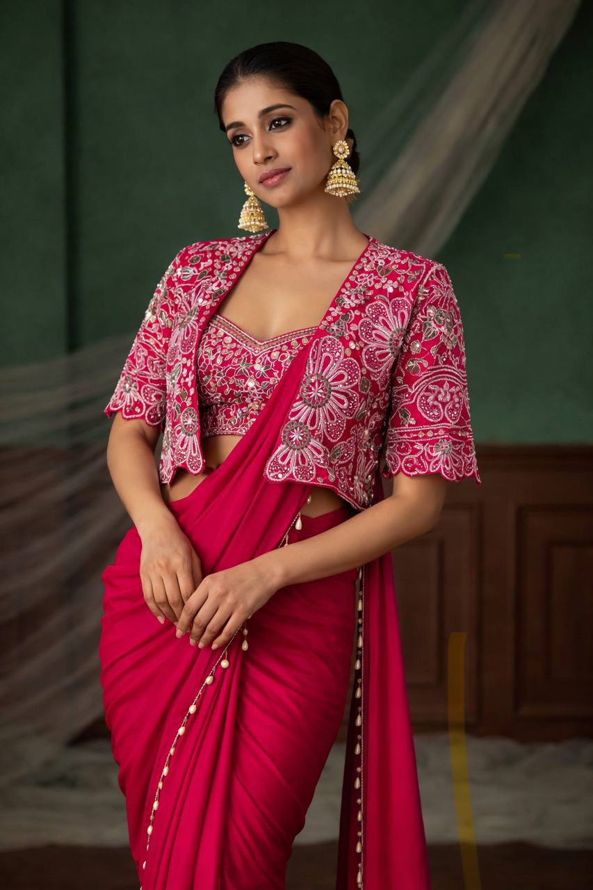 Experience effortless luxury with this premium ready-to-wear saree. Expertly tailored with precise pleats and a refined finish, it delivers a sophisticated look without compromising comfort.