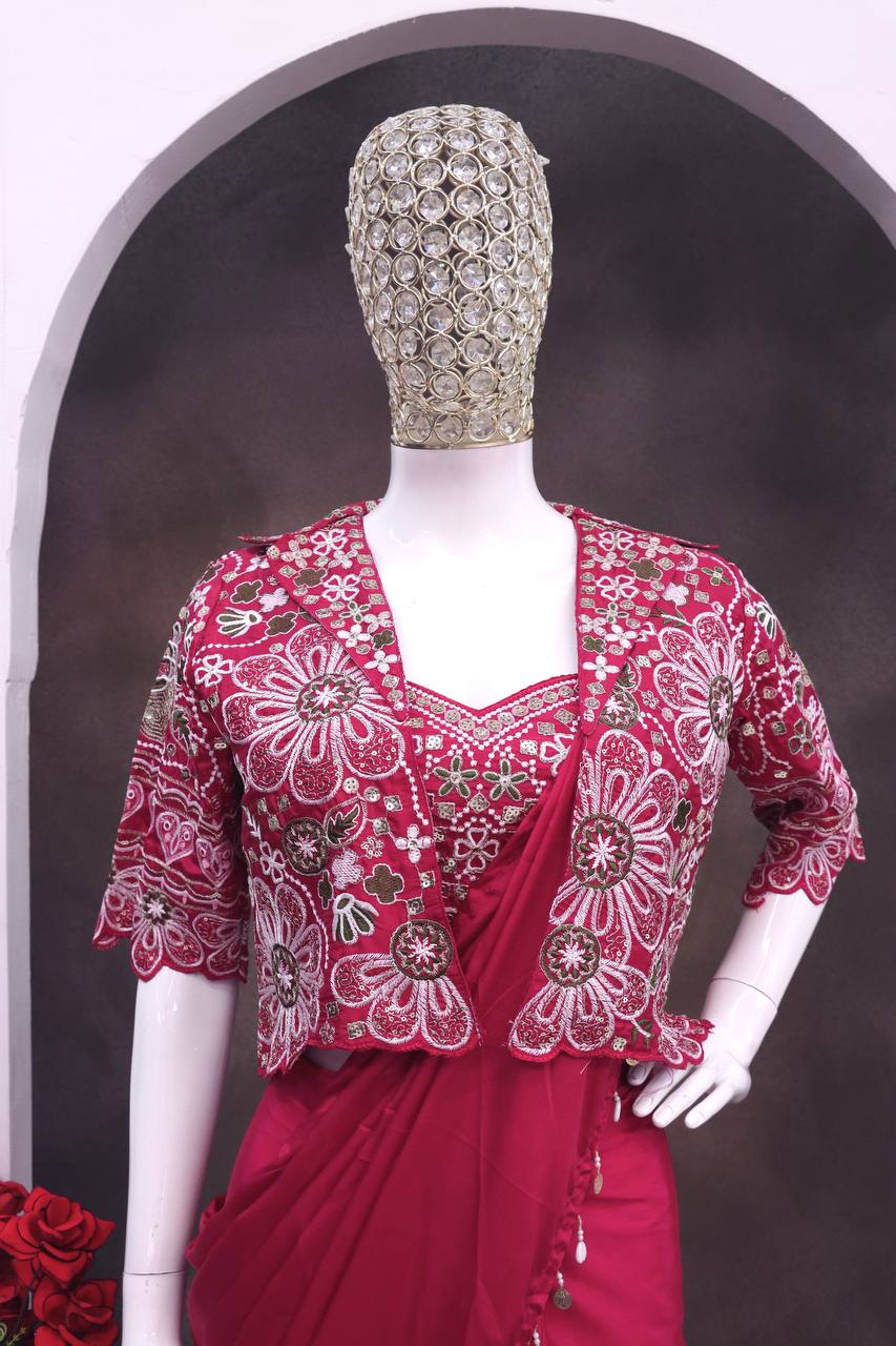 Experience effortless luxury with this premium ready-to-wear saree. Expertly tailored with precise pleats and a refined finish, it delivers a sophisticated look without compromising comfort.