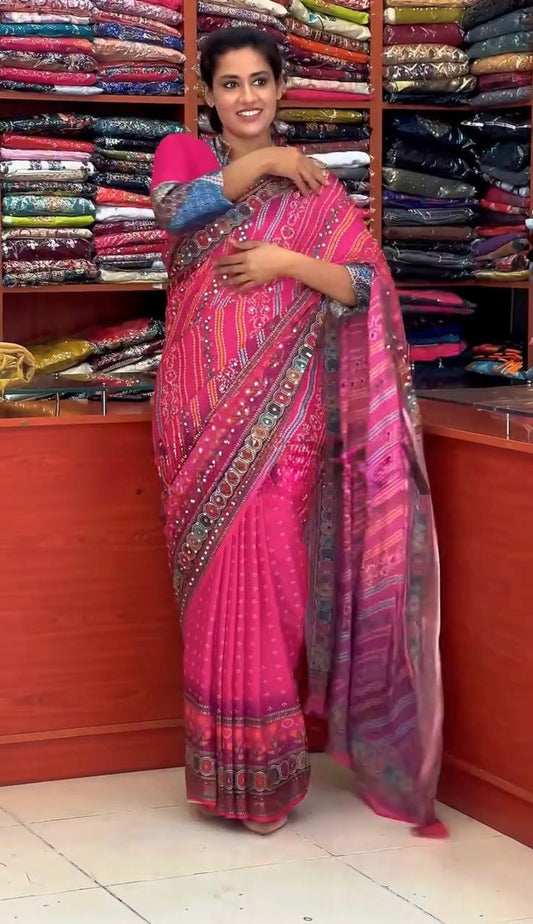 DESIGNER HEAVY NATURAL SILK FANCY DIGITAL PRINT WITH  REAL MIRROR HANDWORK