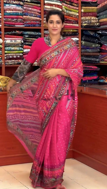 DESIGNER HEAVY NATURAL SILK FANCY DIGITAL PRINT WITH  REAL MIRROR HANDWORK