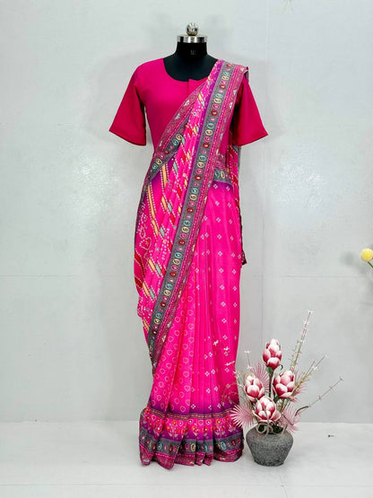 DESIGNER HEAVY NATURAL SILK FANCY DIGITAL PRINT WITH  REAL MIRROR HANDWORK