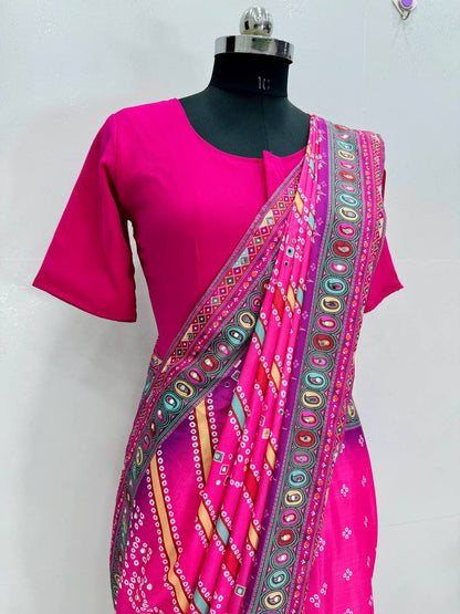 DESIGNER HEAVY NATURAL SILK FANCY DIGITAL PRINT WITH  REAL MIRROR HANDWORK