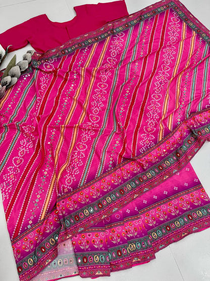 DESIGNER HEAVY NATURAL SILK FANCY DIGITAL PRINT WITH  REAL MIRROR HANDWORK