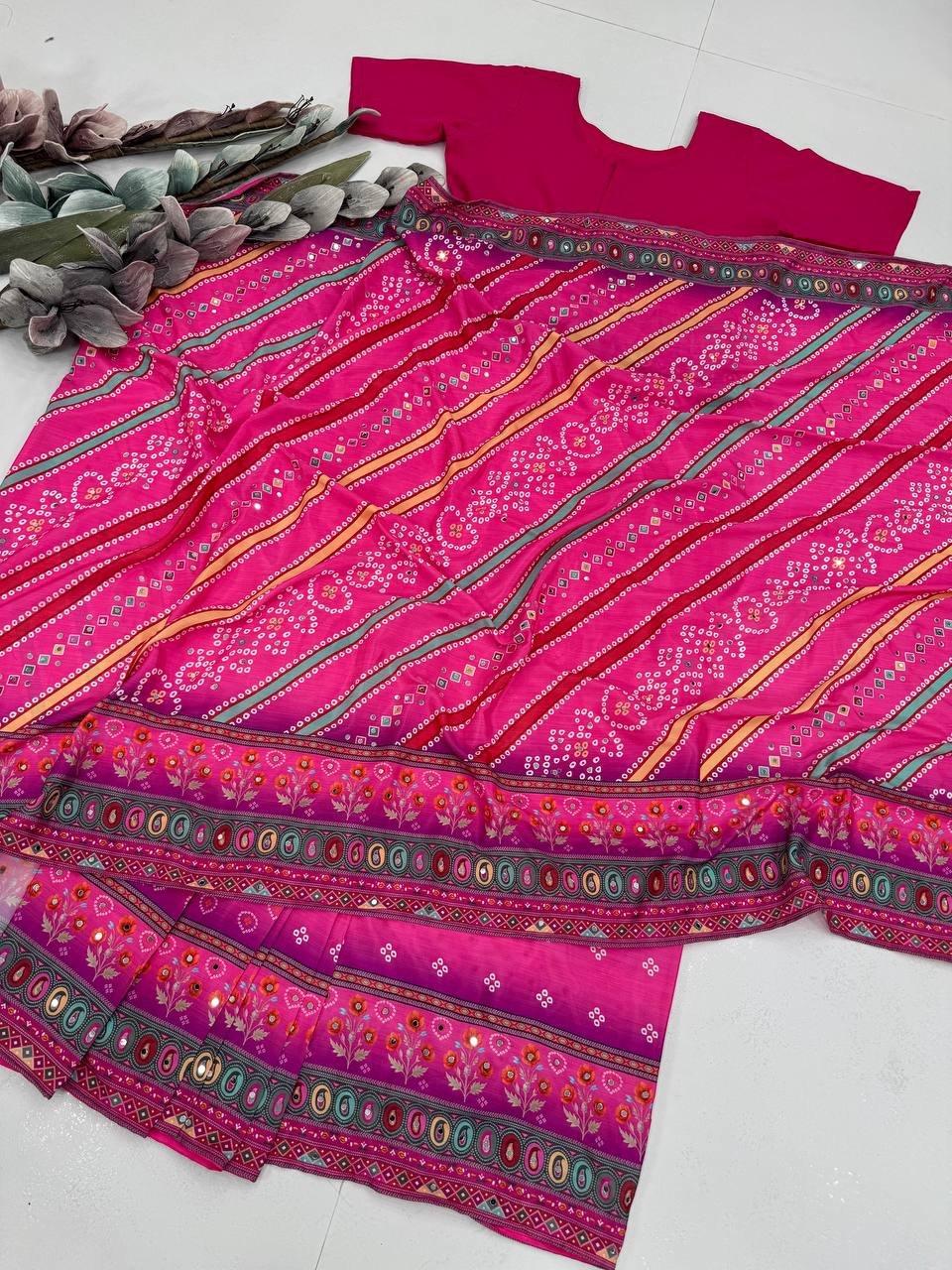 DESIGNER HEAVY NATURAL SILK FANCY DIGITAL PRINT WITH  REAL MIRROR HANDWORK