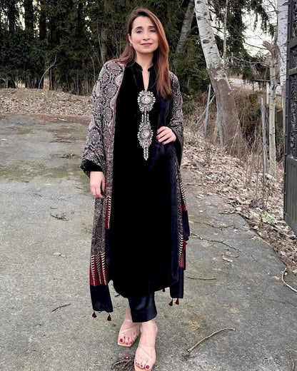 VELVET COLLECTION FOR THIS WINTER SEASON OUR EXCLUSIVE 3 PIECE PANT  PAIR WITH SEQUENCE EMBROIDERY WORK