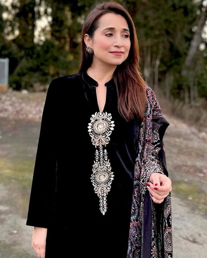 VELVET COLLECTION FOR THIS WINTER SEASON OUR EXCLUSIVE 3 PIECE PANT  PAIR WITH SEQUENCE EMBROIDERY WORK