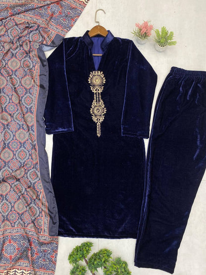 VELVET COLLECTION FOR THIS WINTER SEASON OUR EXCLUSIVE 3 PIECE PANT  PAIR WITH SEQUENCE EMBROIDERY WORK