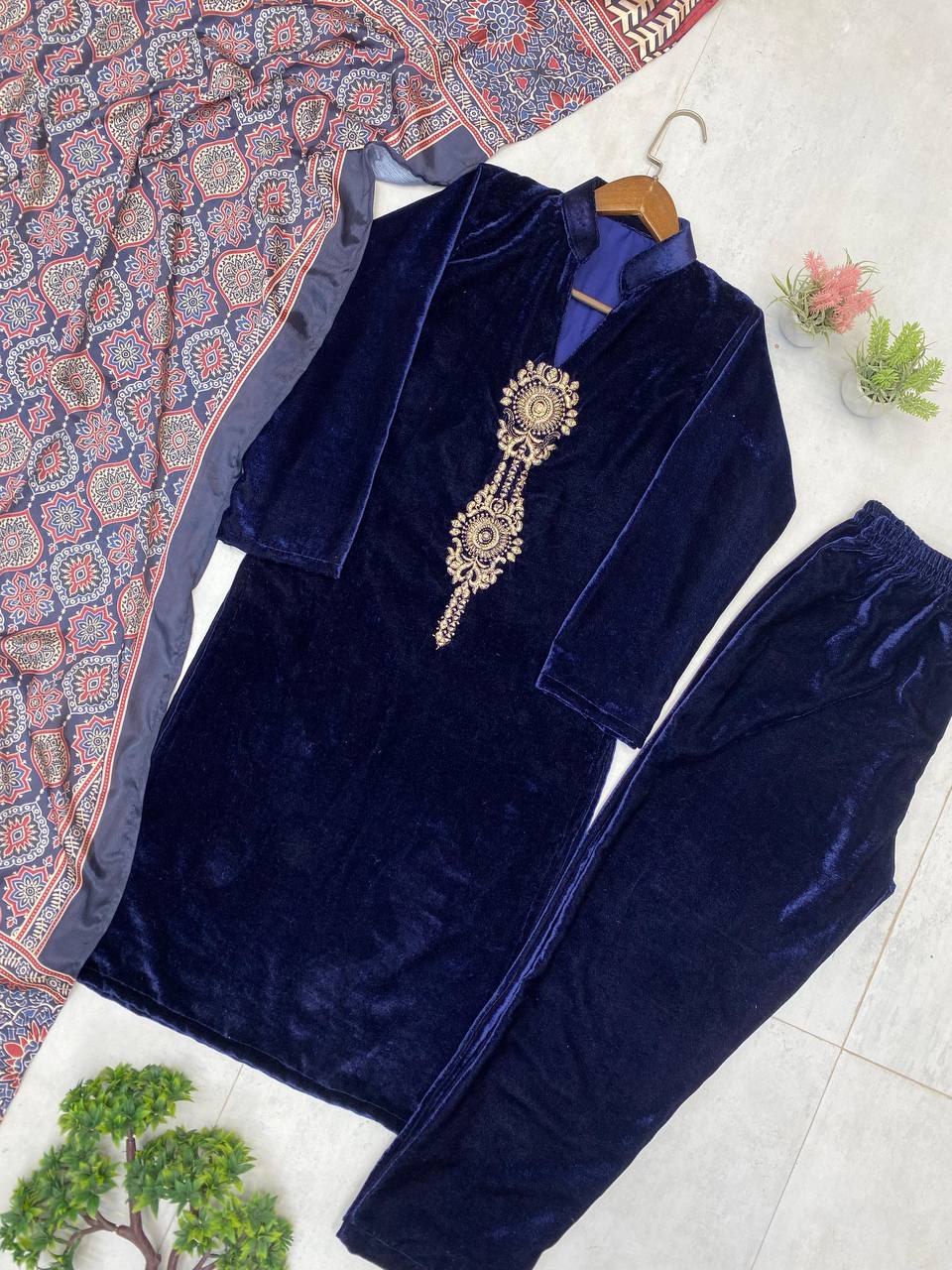 VELVET COLLECTION FOR THIS WINTER SEASON OUR EXCLUSIVE 3 PIECE PANT  PAIR WITH SEQUENCE EMBROIDERY WORK