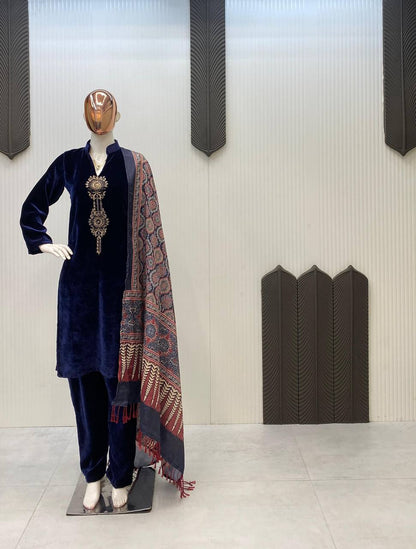 VELVET COLLECTION FOR THIS WINTER SEASON OUR EXCLUSIVE 3 PIECE PANT  PAIR WITH SEQUENCE EMBROIDERY WORK