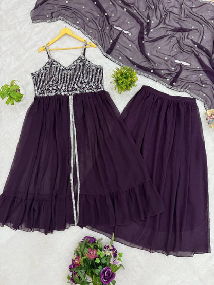 DEFINE NEW STYLE, 3 IN ONE*🚀 *🥻WE ARE LAUNCHING NEW SUPERHIT TRENDING FAUX GEORGETTE FABRIC 3 PIECE SET LEHENGA,KOTI,DUPATTA WITH EMBROIDERY WORK