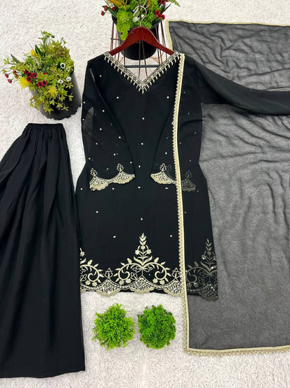 New Designer Party Wear Look Top-Plazzo and Dupatta With Heavy Embroidery Work