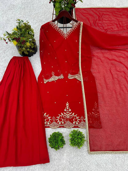 New Designer Party Wear Look Top-Plazzo and Dupatta With Heavy Embroidery Work
