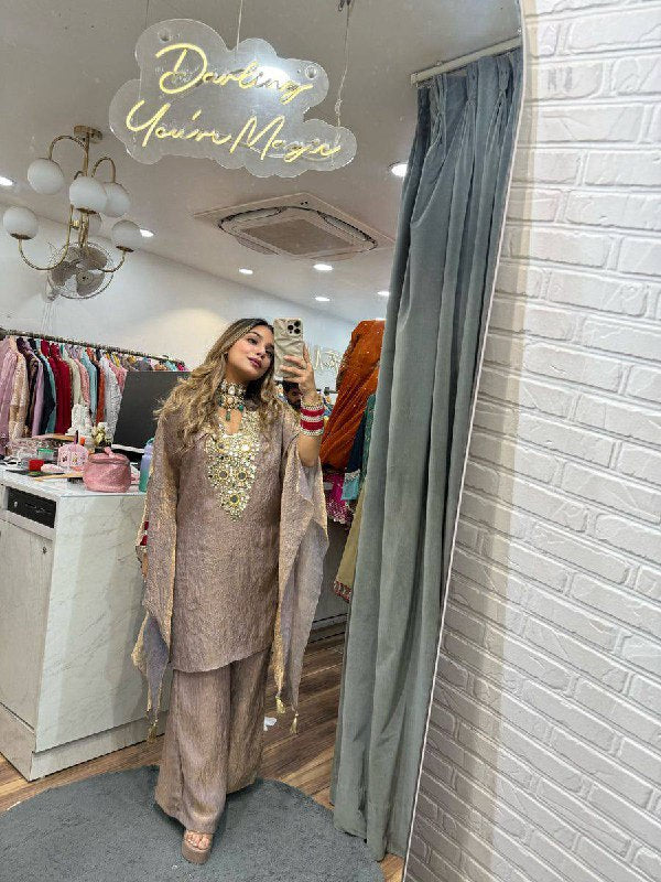 DESIGNER WEAR EXCLUSIVE SUIT IN EMBROIDERED WITH REAL MIRROR WORKED TOP WITH PLAZZO PAIR  single available wholesale