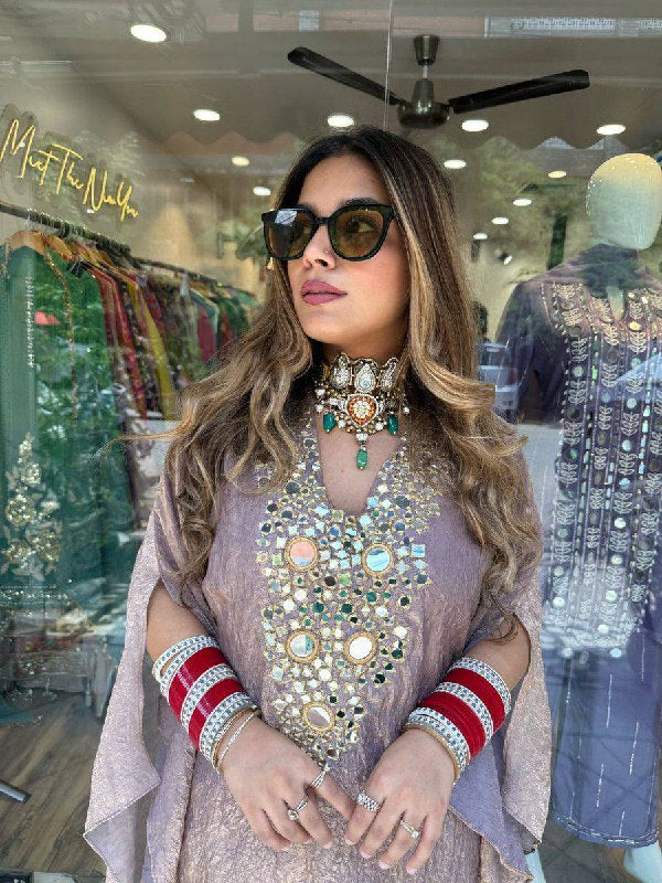 DESIGNER WEAR EXCLUSIVE SUIT IN EMBROIDERED WITH REAL MIRROR WORKED TOP WITH PLAZZO PAIR  single available wholesale