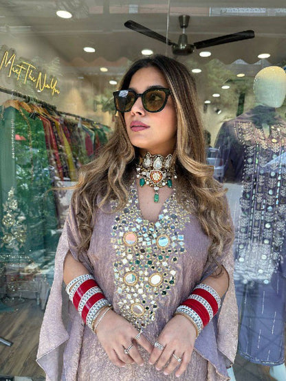 DESIGNER WEAR EXCLUSIVE SUIT IN EMBROIDERED WITH REAL MIRROR WORKED TOP WITH PLAZZO PAIR  single available wholesale