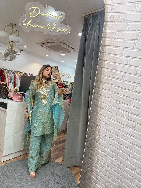 DESIGNER WEAR EXCLUSIVE SUIT IN EMBROIDERED WITH REAL MIRROR WORKED TOP WITH PLAZZO PAIR  single available wholesale