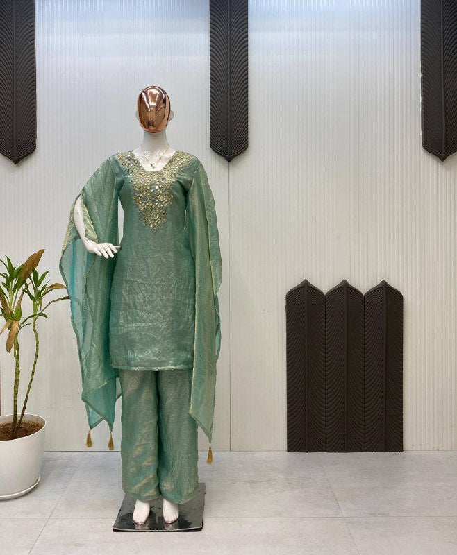 DESIGNER WEAR EXCLUSIVE SUIT IN EMBROIDERED WITH REAL MIRROR WORKED TOP WITH PLAZZO PAIR  single available wholesale