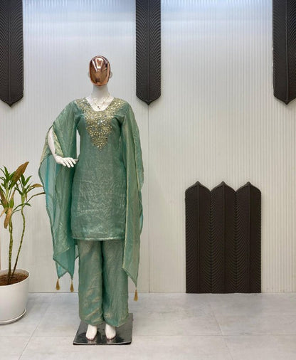 DESIGNER WEAR EXCLUSIVE SUIT IN EMBROIDERED WITH REAL MIRROR WORKED TOP WITH PLAZZO PAIR  single available wholesale