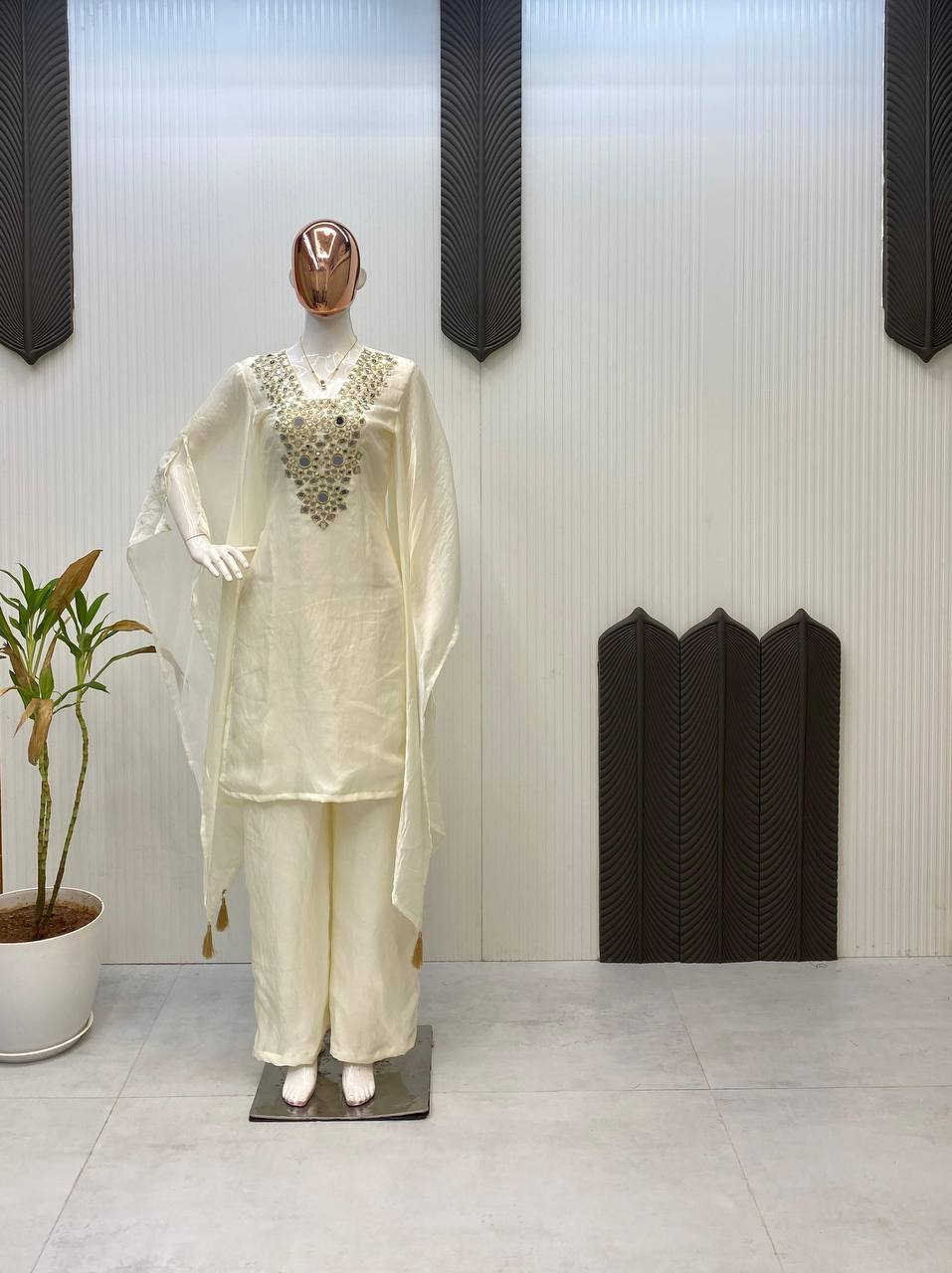 DESIGNER WEAR EXCLUSIVE SUIT IN EMBROIDERED WITH REAL MIRROR WORKED TOP WITH PLAZZO PAIR  single available wholesale