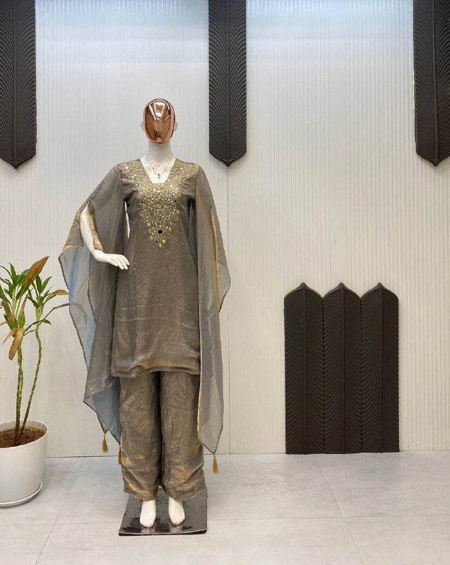 DESIGNER WEAR EXCLUSIVE SUIT IN EMBROIDERED WITH REAL MIRROR WORKED TOP WITH PLAZZO PAIR  single available wholesale