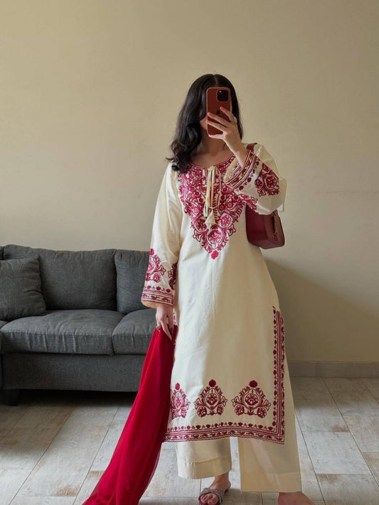 DESIGNER WEAR EXCLUSIVE SUIT IN EMBROIDERED ROMAN SILK FABRIC TOP AND PANT WITH DUPATTA PAIR  single available wholesale