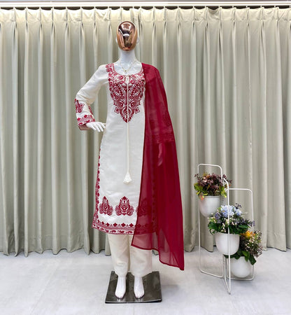 DESIGNER WEAR EXCLUSIVE SUIT IN EMBROIDERED ROMAN SILK FABRIC TOP AND PANT WITH DUPATTA PAIR  single available wholesale