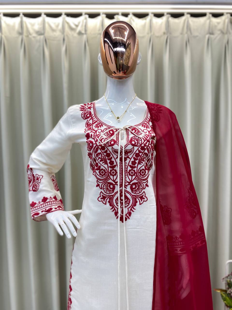 DESIGNER WEAR EXCLUSIVE SUIT IN EMBROIDERED ROMAN SILK FABRIC TOP AND PANT WITH DUPATTA PAIR  single available wholesale