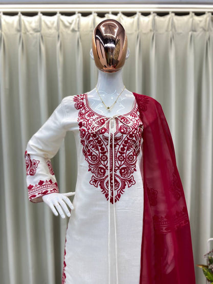 DESIGNER WEAR EXCLUSIVE SUIT IN EMBROIDERED ROMAN SILK FABRIC TOP AND PANT WITH DUPATTA PAIR  single available wholesale