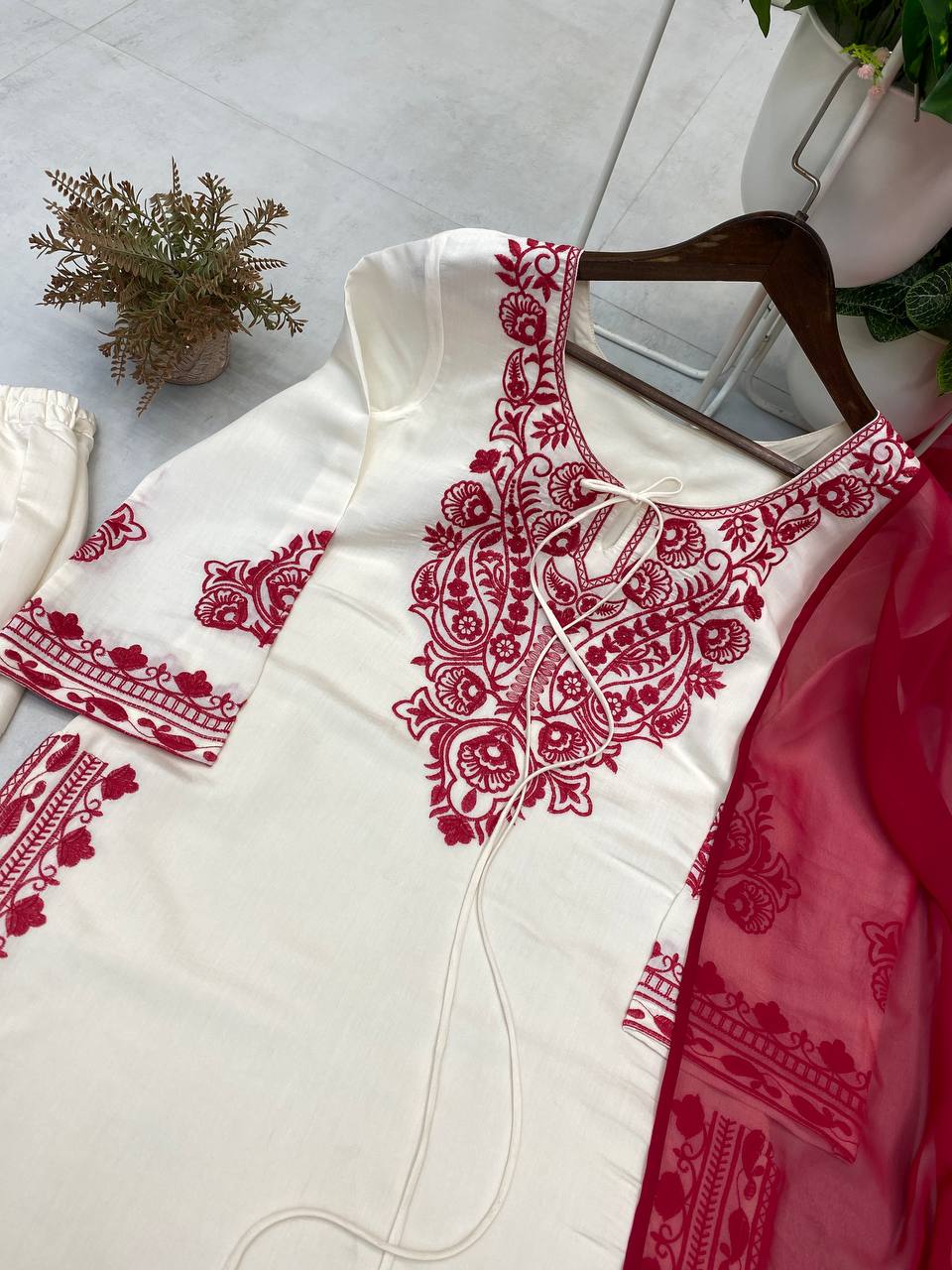 DESIGNER WEAR EXCLUSIVE SUIT IN EMBROIDERED ROMAN SILK FABRIC TOP AND PANT WITH DUPATTA PAIR  single available wholesale