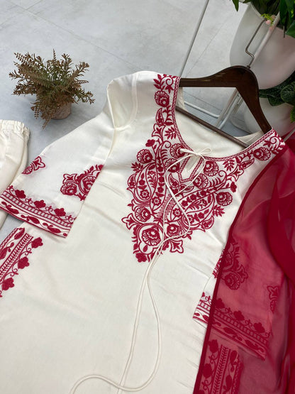 DESIGNER WEAR EXCLUSIVE SUIT IN EMBROIDERED ROMAN SILK FABRIC TOP AND PANT WITH DUPATTA PAIR  single available wholesale